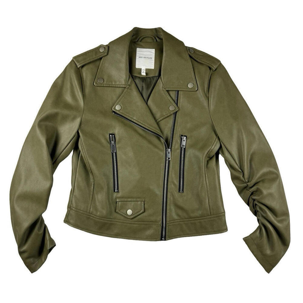 Anthropologie Avec Les Filles Faux Leather Biker Jacket Olive Green Size S